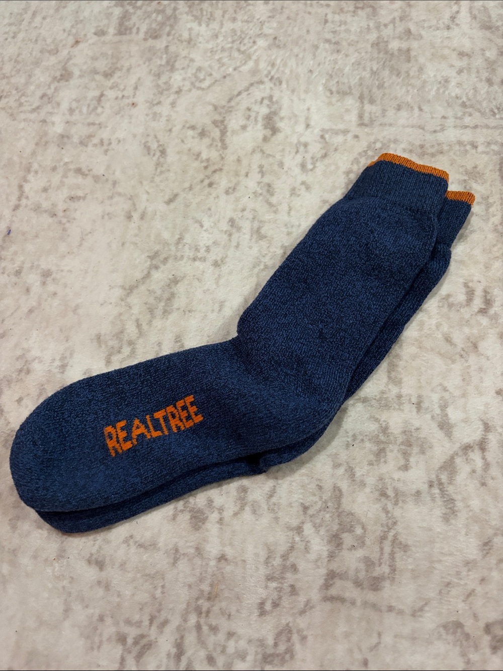 Realtree Navy Crew Socks with Orange Logo and Cuff